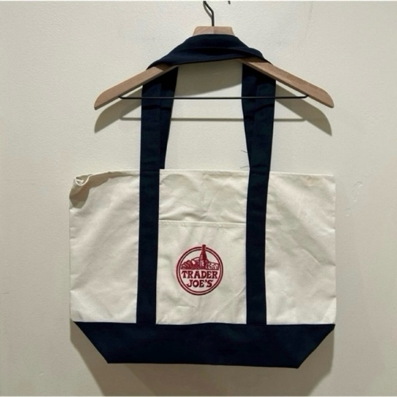 NWT Trader Joe’s Reusable Canvas White, Blue and Red Tote Bag with Front Pocket - Picture 2 of 5